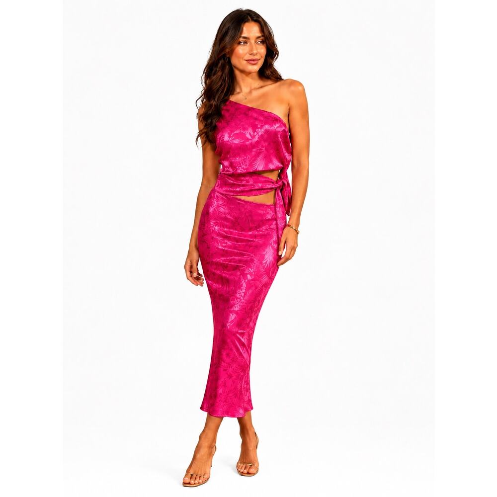WAYF Pink Floral Jacquard One Shoulder Tie Crop Top and Maxi Skirt Set Size L